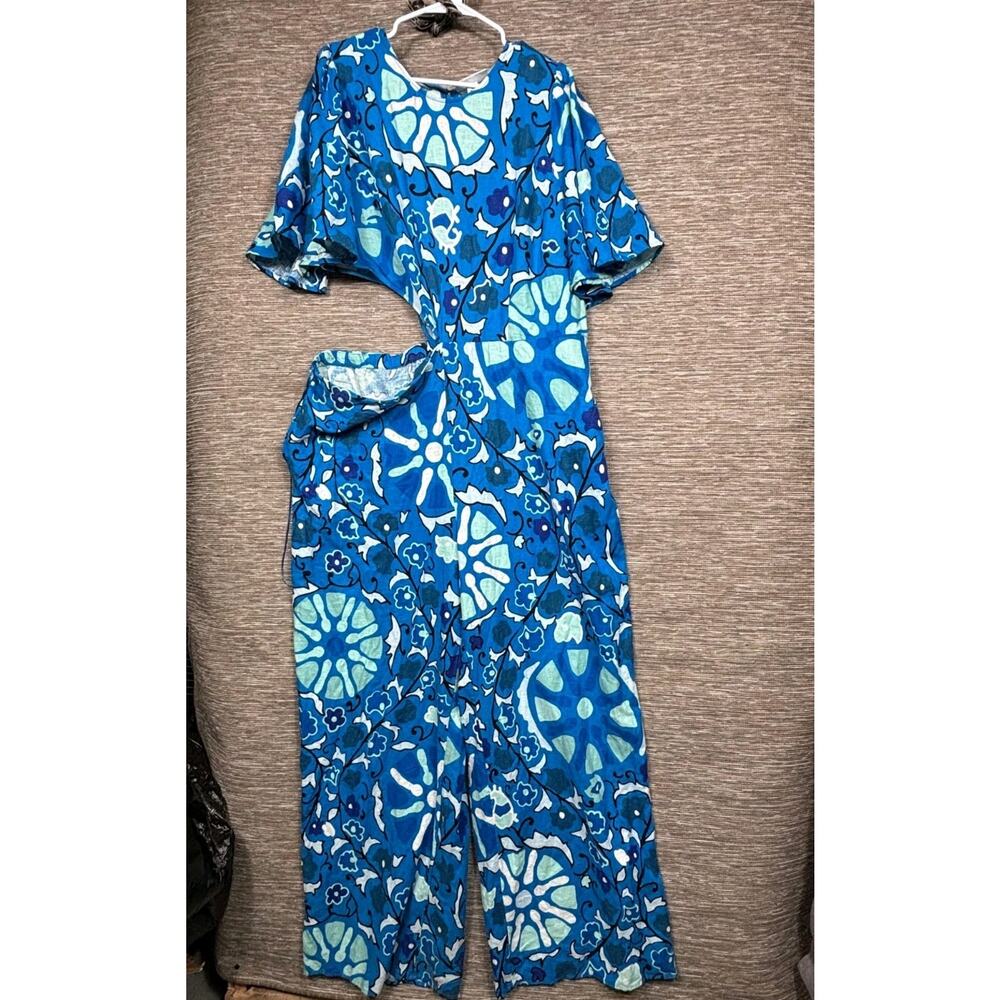 Rhode Jumpsuit Womens 1X Blue Floral Cutout Waist Short Sleeve Wide Leg Casual - Picture 2 of 13